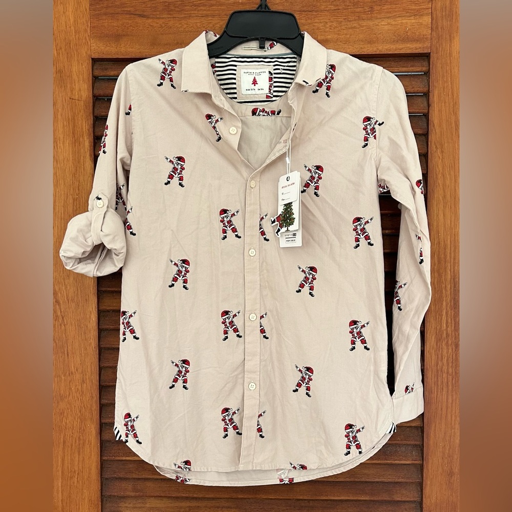 NWT DENIM & FLOWER Boy’s Festive Holiday Button Up Polo w Dancing Ninja Santa 🎅🏾